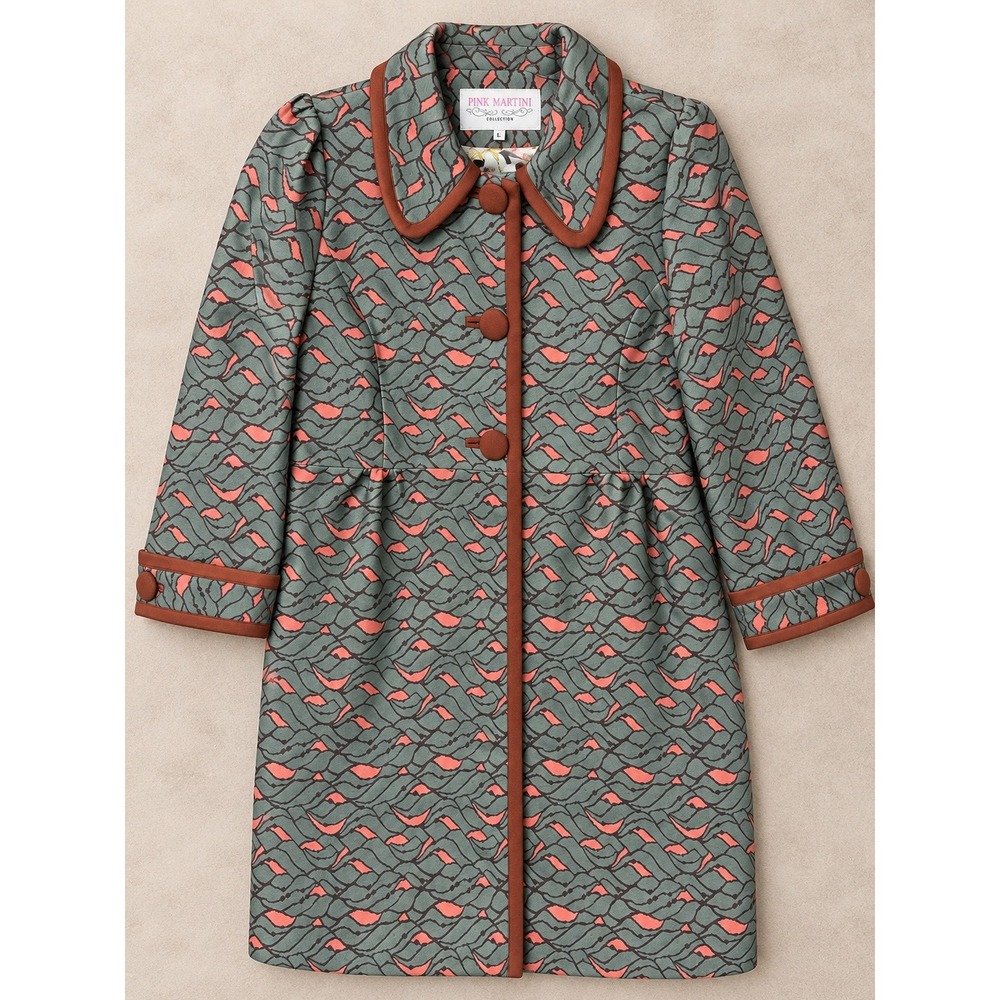 Pink Martini Collection Retro Geometric Trench Coat Green Coral Large CO0630